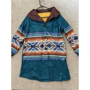 Women’s Aztec Striped 3 Button Long Coat Sweater Size Large